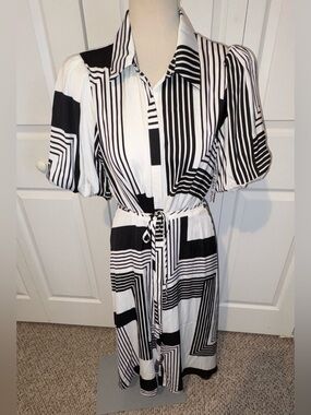 Nine West Black and White Striped/Geometric Collared Dress